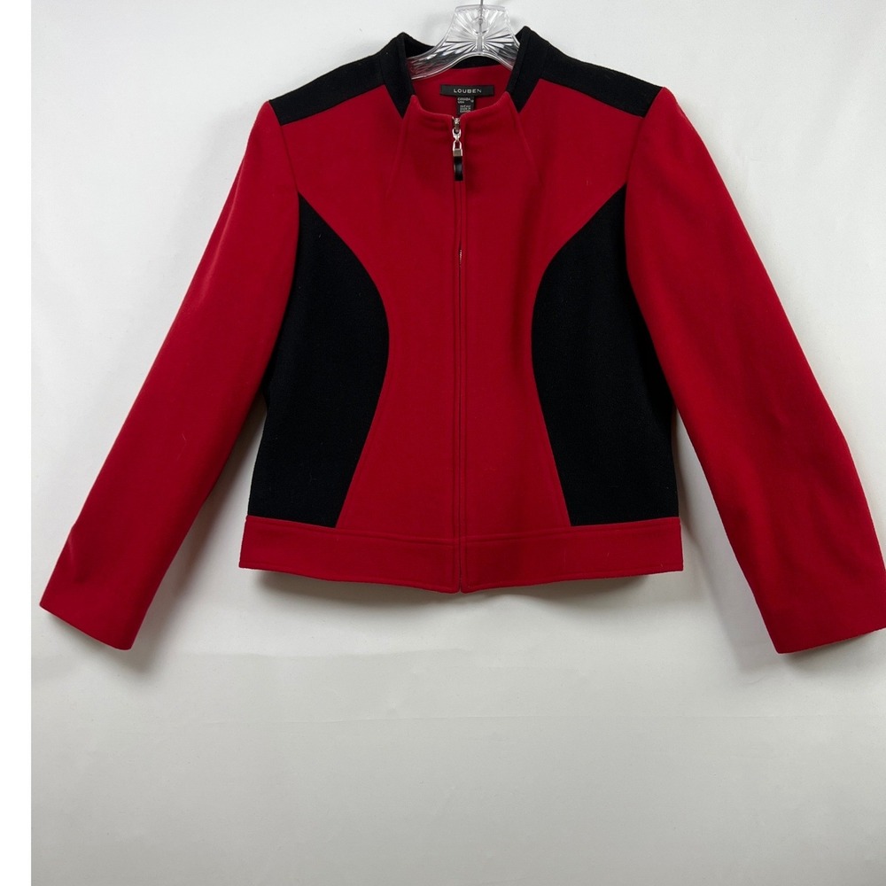 Louben Zip Up Jacket Womens 12 Red Black Wool Cashmere Colorblock Mock Neck